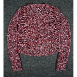 Free People Women's Red Black Marled Cropped Crewneck Sweater Boho Chunky Size S